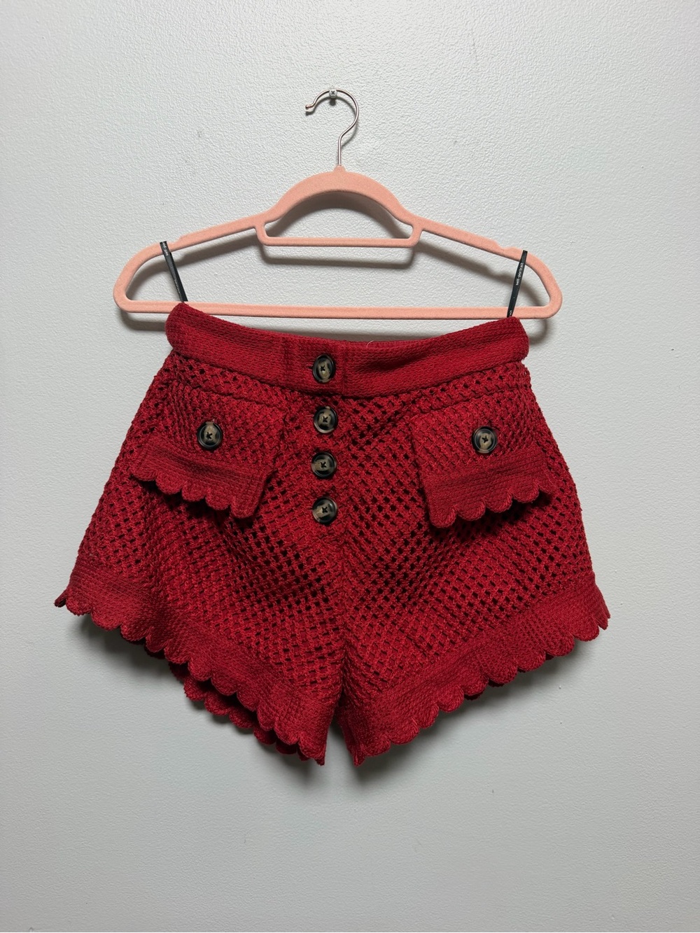 Self-Portrait Red Crochet Scallop Hem Knit Shorts